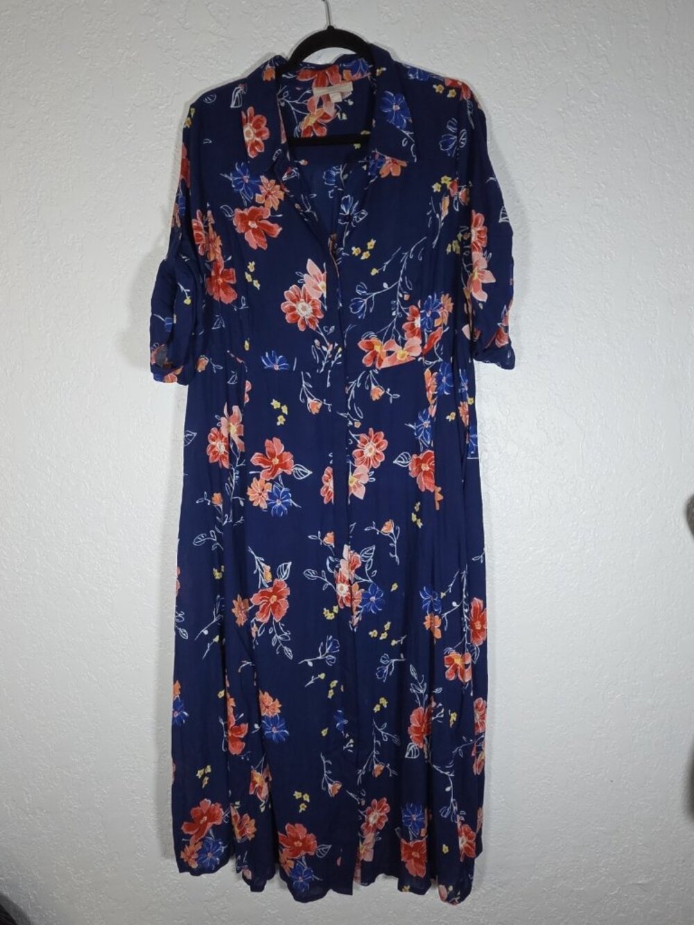 Woman Within Maxi Dress 20W Petite Blue Floral Crinkle Fabric Button Up Pockets